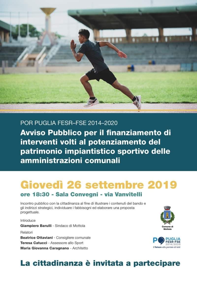 POR PUGLIA FESR –FSE 2014 -2020 – giovedì 26 settembre alle ore 18,30  incontro pubblico presso la sala Convegni Comunale di via Vanvitelli; 