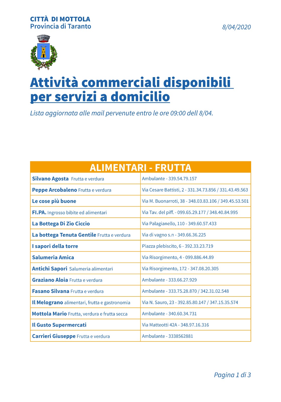 Recapiti esercenti che forniscono servizio a domicilio